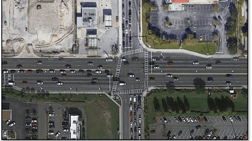 aerial view of traffic at the Belcher Road and Gulf to Bay Blvd. intersection