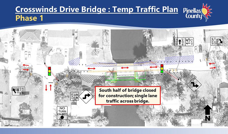 The Crosswinds Drive bridge temporary traffic plan (Phase 1) goes into effect on Thursday, Feb. 4. Traffic will be reduced to one lane over the north side of bridge, controlled with a temporary signal.