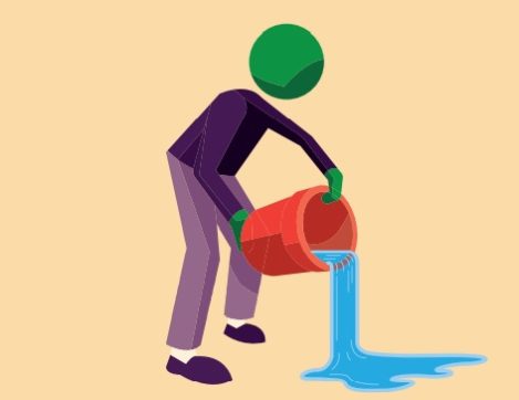 Stick figure dumping a bucket of water