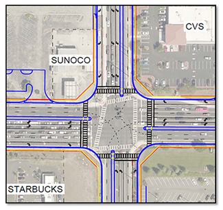 Expanded Traffic Signal: adds dual left turn lanes and single right turn lanes at each leg of the intersection