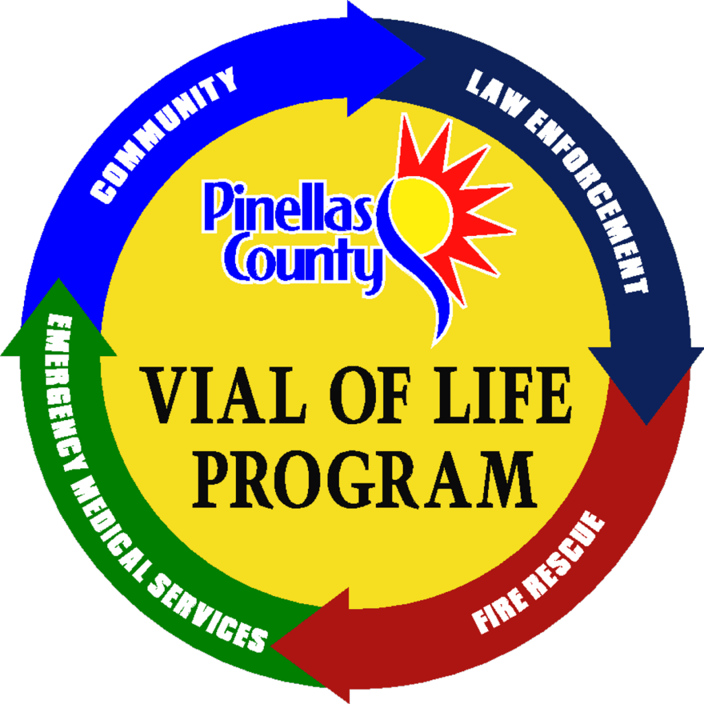 yellow circle with the words vial of life program and a Pinellas County logo. Arrow with the words community, law enforcement, fire/rescue, and emergency medical services surround the circle.