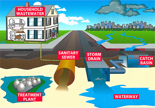 Household wastewater flows into a sanitary sewer and travels to a treatment plant. Storm runoff flows into s storm drain and the directly into a nearby waterway without any treatment.