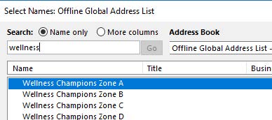 Screenshot of Outlook address list with Wellness Champions Zone A to D 