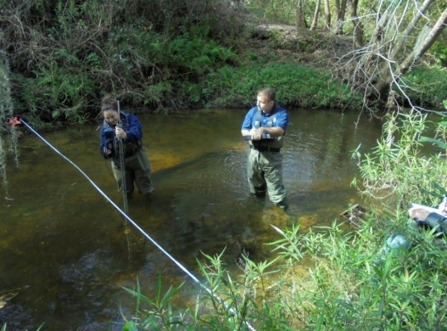 Two Pinellas County employees monitor water quality in a local pond.