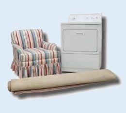 Bulk-waste items, including examples of an upholstered armchair, clothes dryer and large rolled up rug.