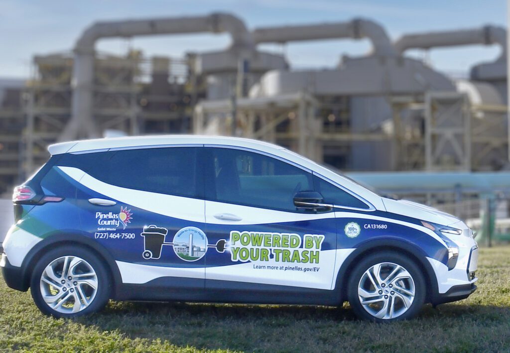 Electric Chevrolet Bolt vehicle parked in front of Pinellas County's Solid Waste Disposal Complex