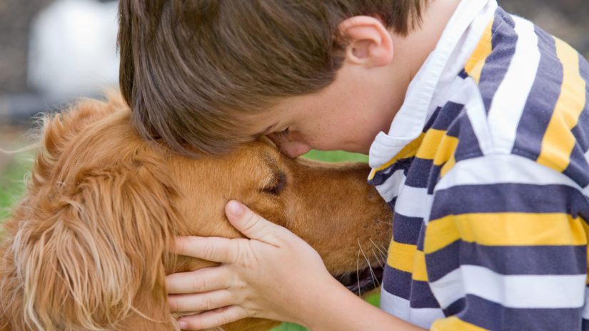 boy hugging dog