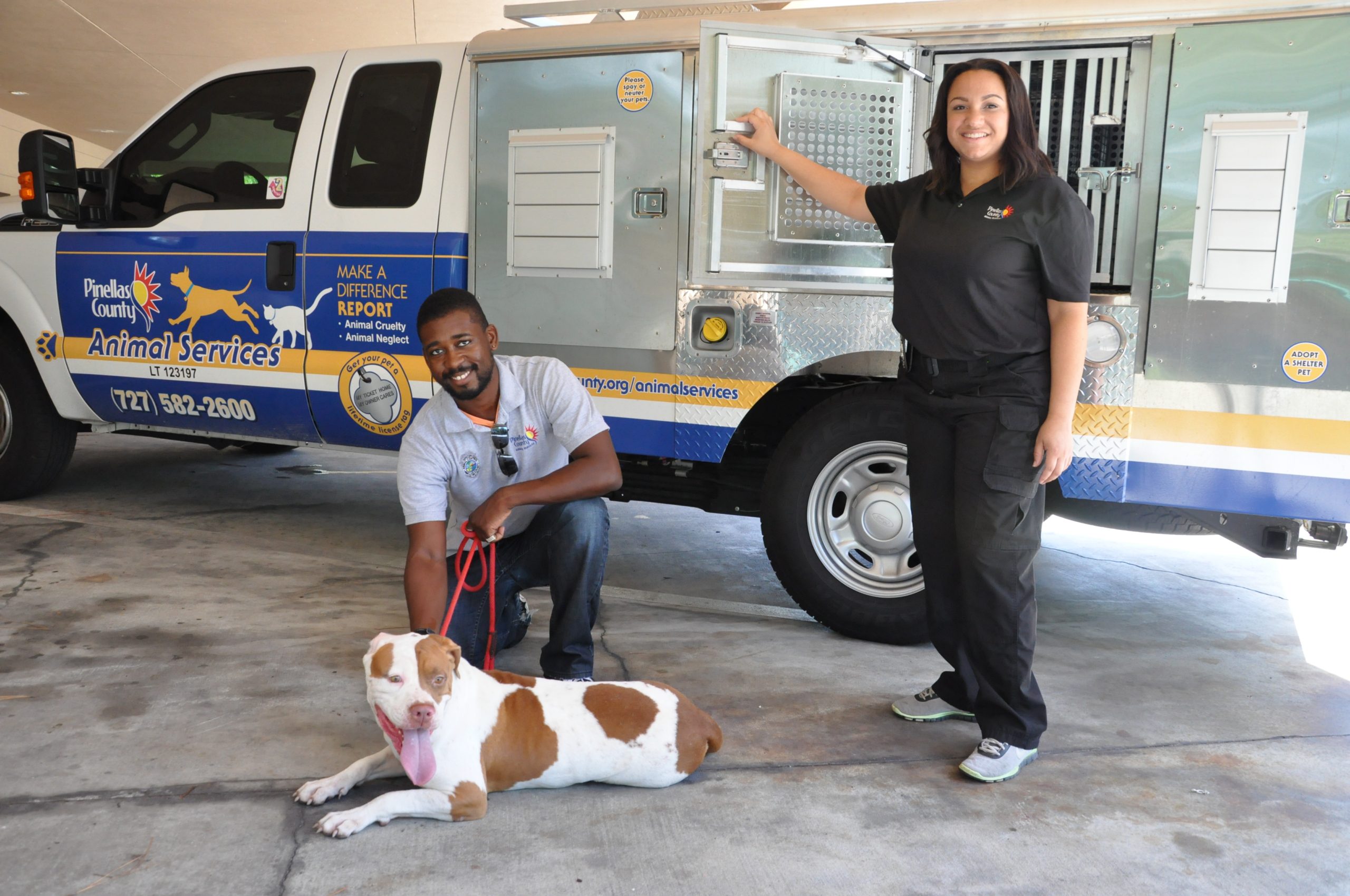 Pinellas County Animal Services Code Enforcement employees posing with a happy dog