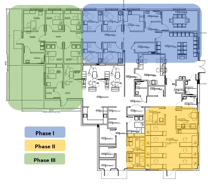 This floor plan shows how the Bayside Health Clinic renovation project is split into three phases, with each portion of the building floor plan highlighted in a different color to outline the separate phases.