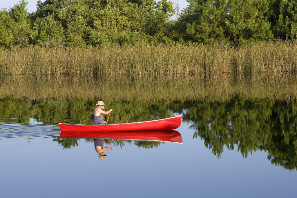 A man canoeing on a glass lake at Walsingham Park