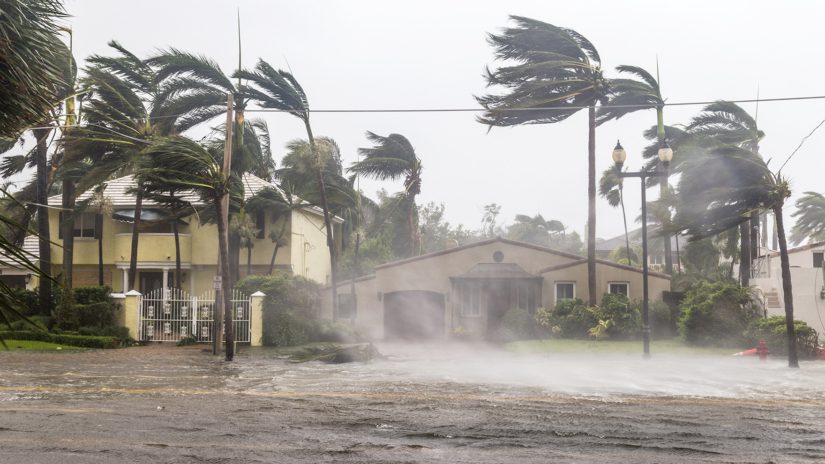 Wind and rain cause flooding during a hurricane.