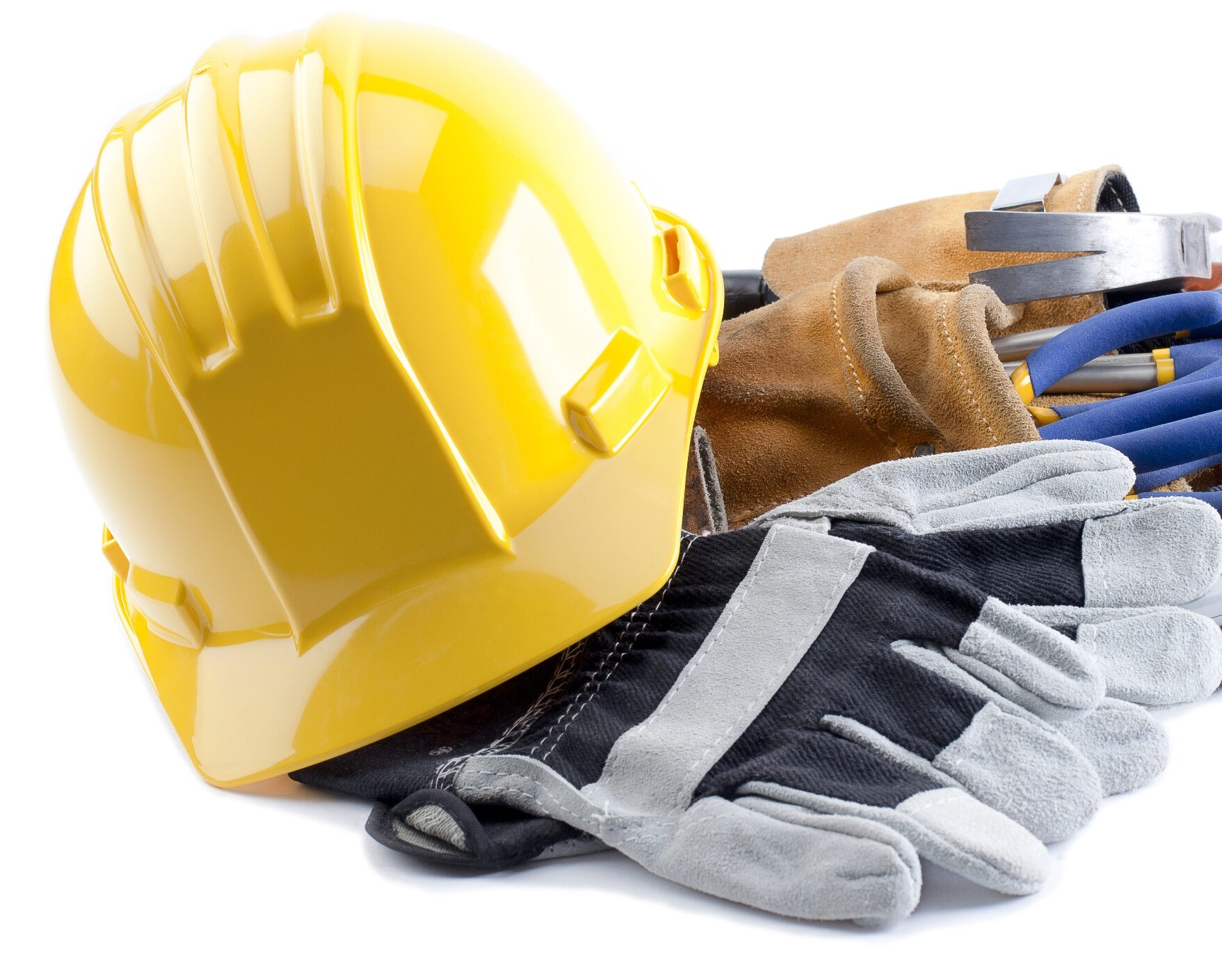 Construction hard hat, gloves and tool belt