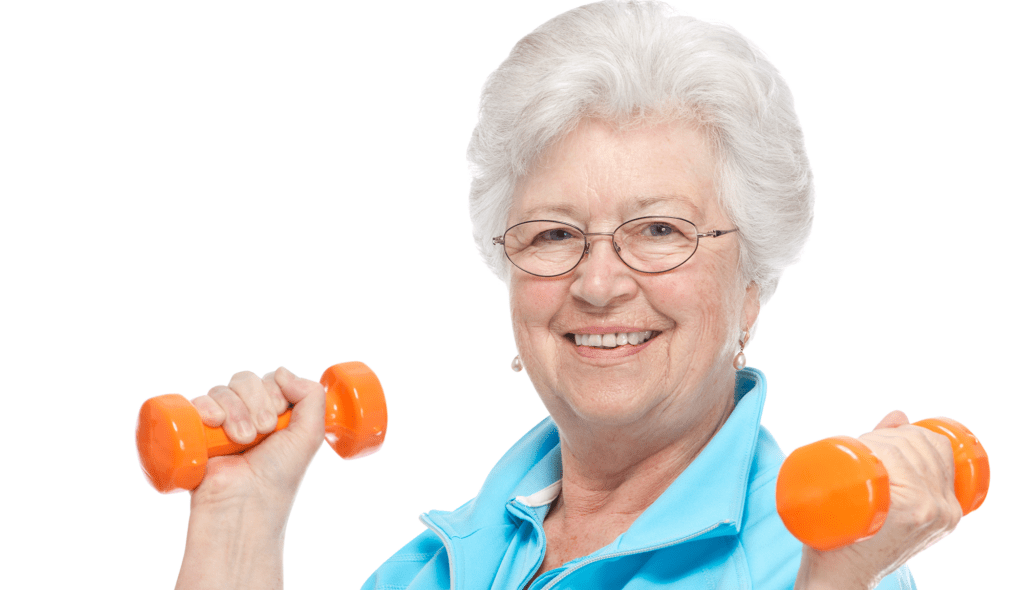 Senior woman with eyeglasses and hand weights