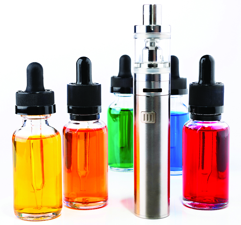 Electronic cigarette and bottles with assorted vape liquid on white background