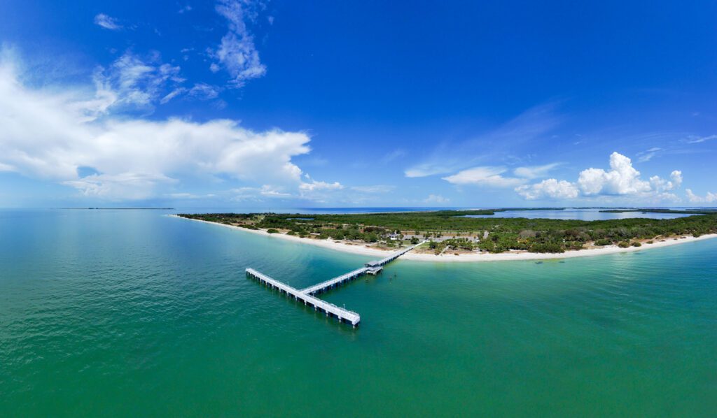 Aerial view of the T-shaped Fort De Soto Bay Pier, completed in 2023.