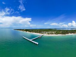 Aerial view of the T-shaped Fort De Soto Bay Pier, completed in 2023.