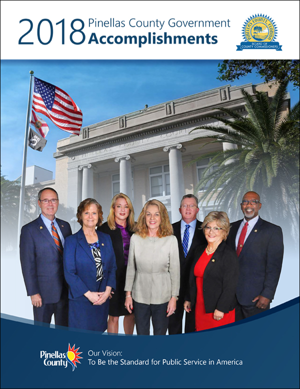 2018 Accomplishments Report cover with commissioners in front the Pinellas County Courthouse