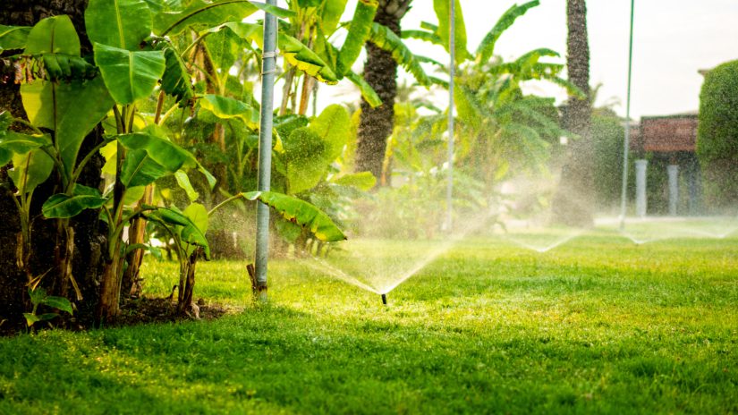 Modern automatic sprinkler working on grass irrigation. Sprinkler system watering the lawn