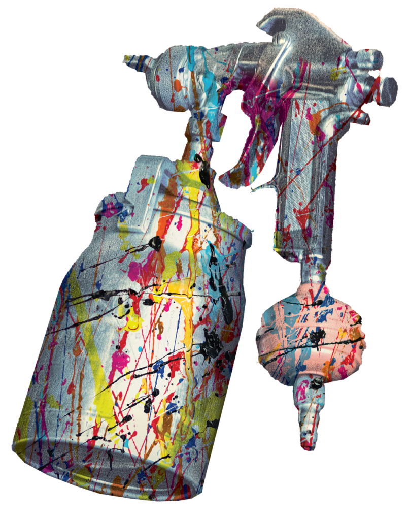 paint sprayer covered in various colors of paint drips