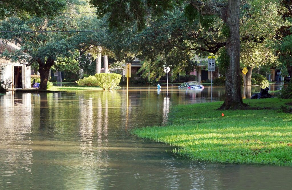 Flooded streets in a residential area