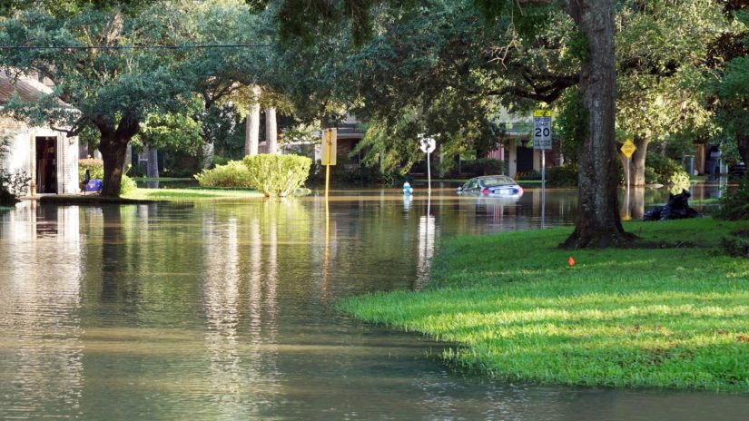 Flooded streets in a residential area