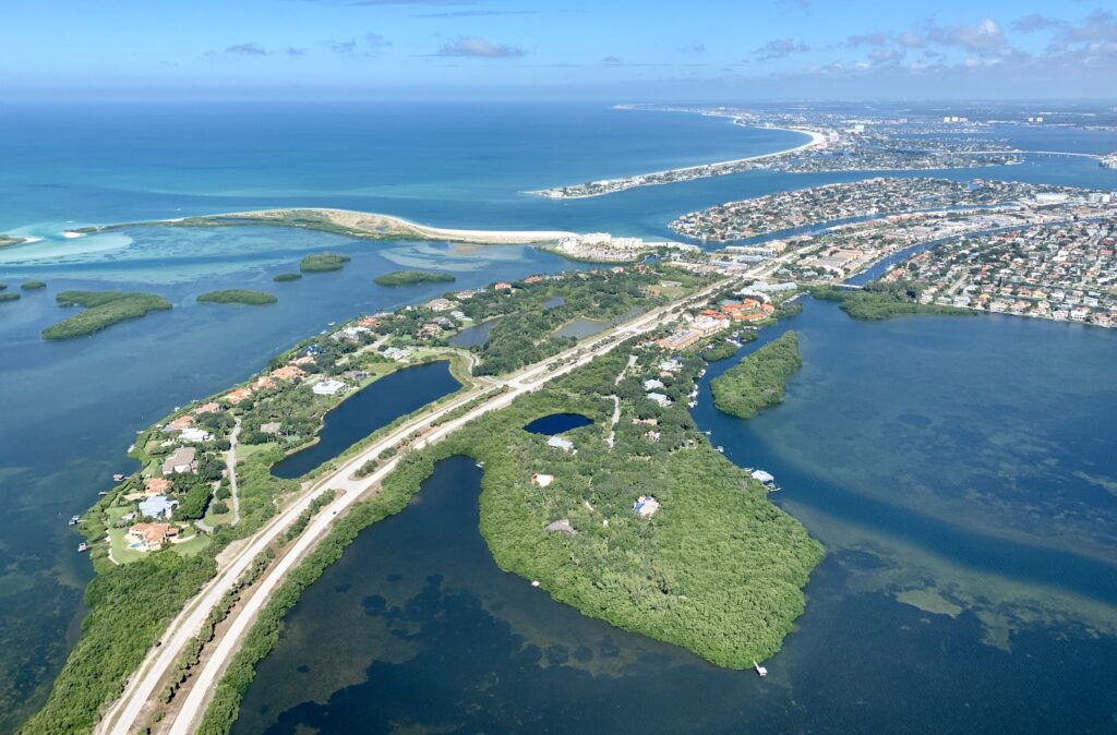 Aerial view of houses close to water