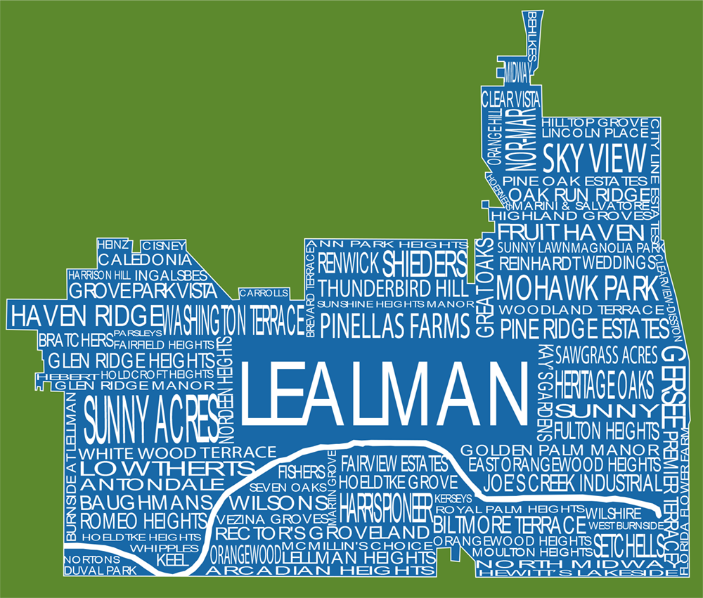 word cloud made from areas in Lealman and the word Lealman in the center