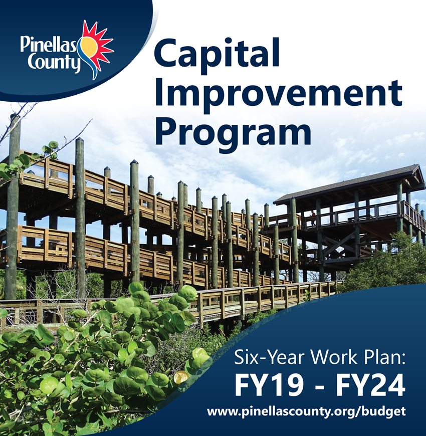 Capital Improvement Plan FY19-FY24 with Pinellas County logo and the Wall Springs Park tower in the background.