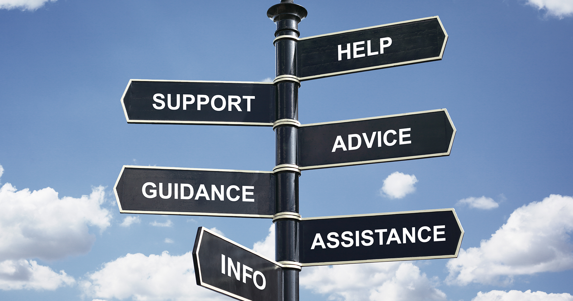 Sign post with signs for help, support, advice, guidance, assistance and info