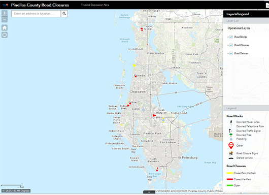 map of Pinellas County showing road closures