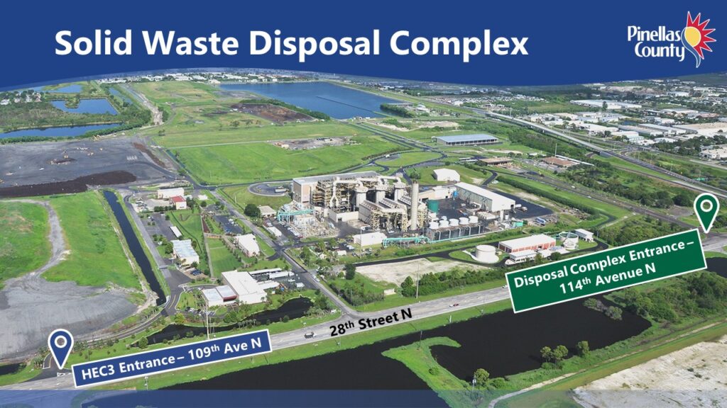 Aerial image of the Pinellas County Solid Waste Disposal Complex with arrows pointing out the main entrance and HEC3 entrance 