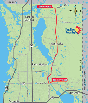 Project area map for East Lake Road Corridor Study. East Lake Road from south of Curlew Road to north of Trinity Boulevard