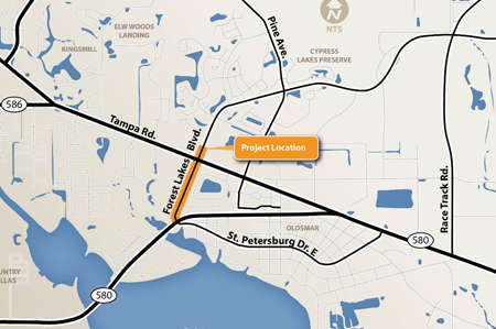 Forest Lakes Blvd. Phase 3 Roadway Widening Improvements project map from SR 580 to SR 584/Tampa Road