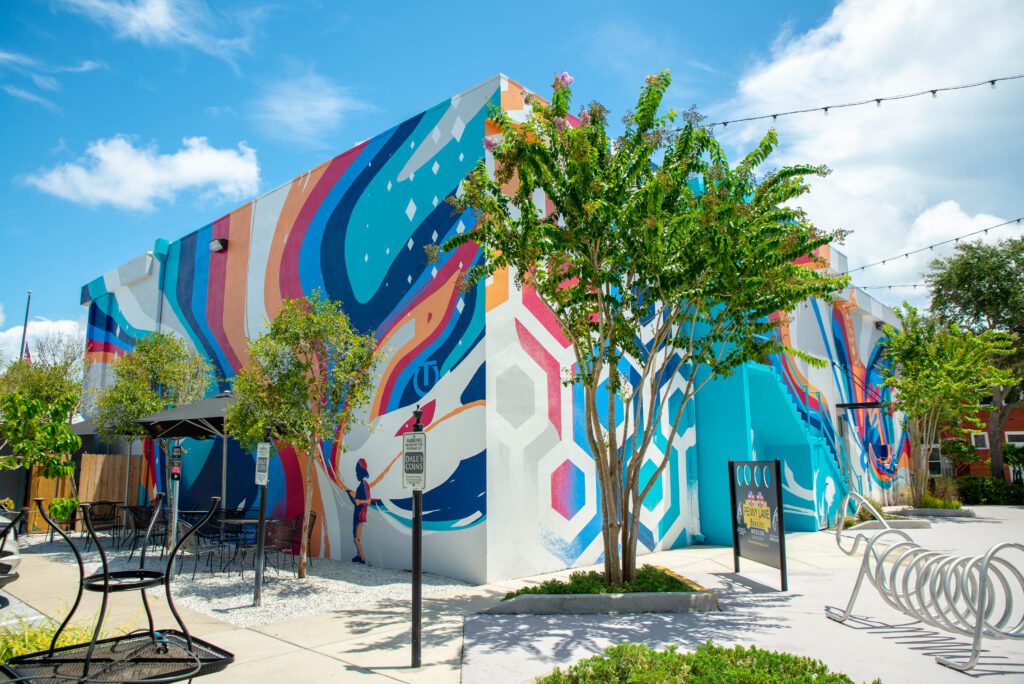 Building in Dunedin, Florida, with a colorful mural
