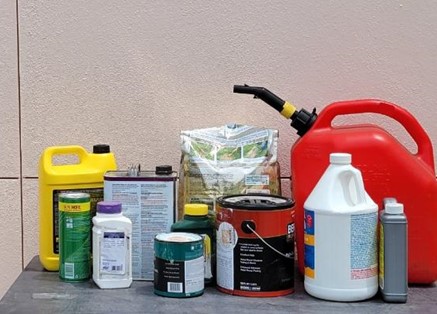 Image of various household chemicals (cleaners, gasoline, pain, pesticides)