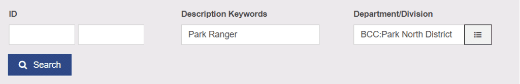 Example of criteria for a Job Alert such as Park Ranger for Description Keywords, and BCC: Park North District for Department/Division