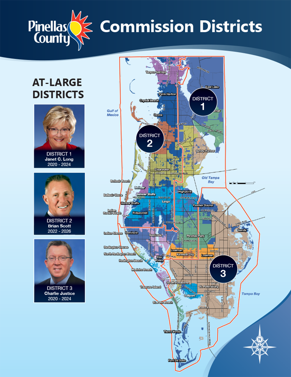At-large commission districts map with photos of Pinellas County Commissioners