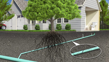 Diagram of a house and its underground sewer pipe with tree roots cracking the pipe.