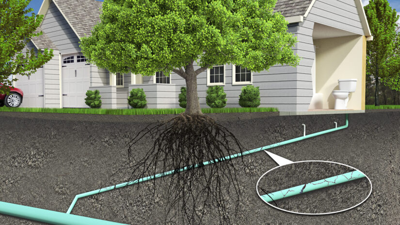 Diagram of a house and its underground sewer pipe with tree roots cracking the pipe.