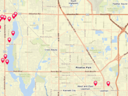Map of the section of Pinellas Count from Largo down to Madeira Beach showing 14 locations of mobile home parks included in this project. Most are clustered west and northwest of Lake Seminole. Two are near US. 19 and 62nd Ave N.