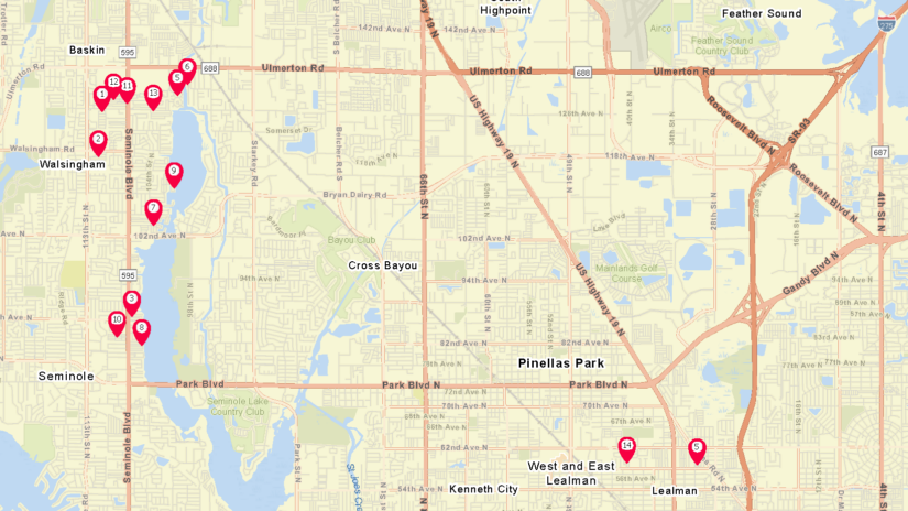 Map of the section of Pinellas Count from Largo down to Madeira Beach showing 14 locations of mobile home parks included in this project. Most are clustered west and northwest of Lake Seminole. Two are near US. 19 and 62nd Ave N.