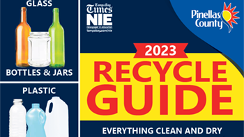 2023 Recycle Guide cover with bottles, cans, cartons, paper and cardboard icons and logos for Pinellas County and Tampa Bay Times Newspapers in Education.