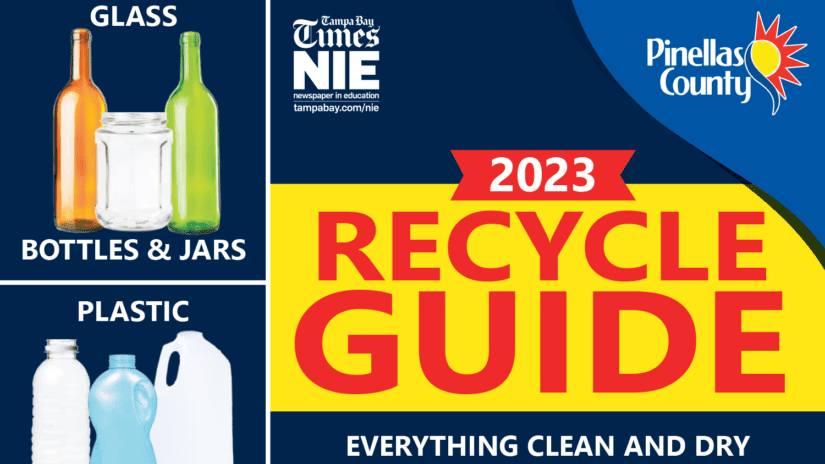 2023 Recycle Guide cover with bottles, cans, cartons, paper and cardboard