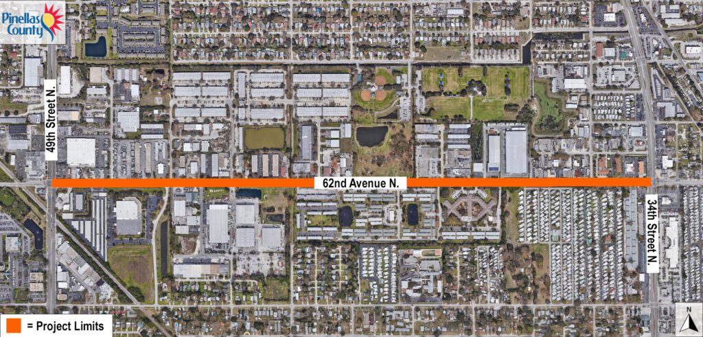 Map showing 62nd Avenue North between 34th Street North and 49th Street North