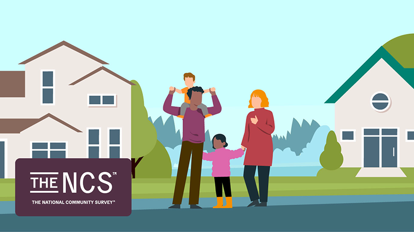 An illustration of two adults and two children in front of houses, alond with the National Community Survey logo