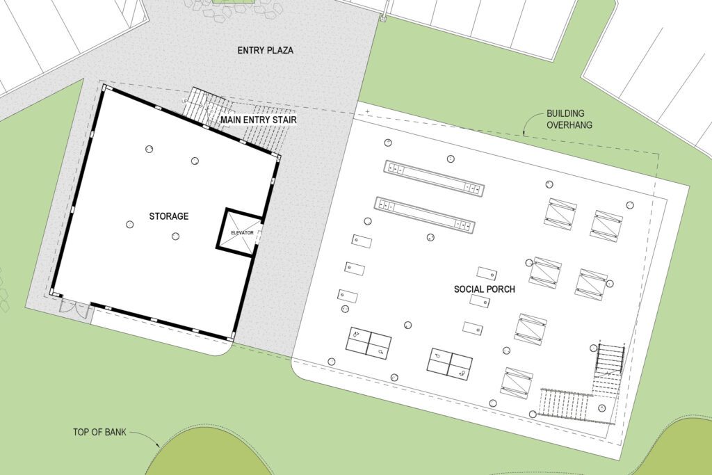 Plan showing the storage area and social porch areas under the elevated building.