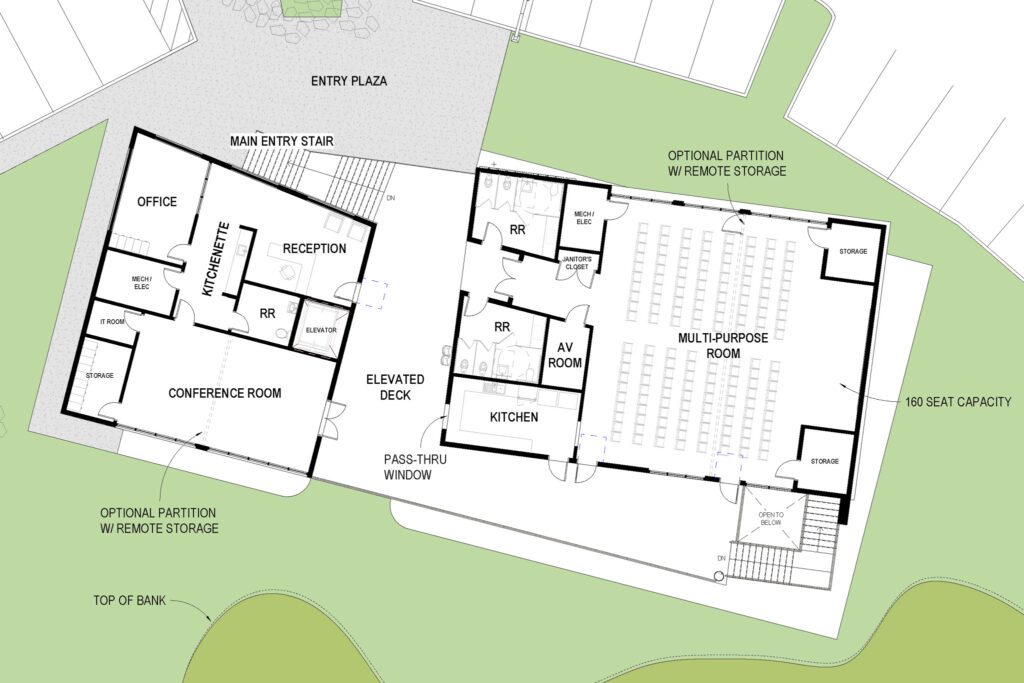 New floor plan for the recreation center with offices and a conference room on the left side and a large multipurpose room and kitchen on the right side. The multi-purpose room seats 160 people and may have a movable wall to divide the room into two rooms.