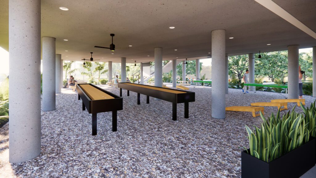 Rendering of the area underneath the building showing lighting and recreation games such as cornhole and ping pong.
