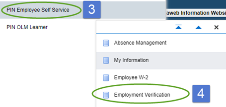 Step 3 click PIN Employee Self Service, step 4 scroll down and click Employment Verification.