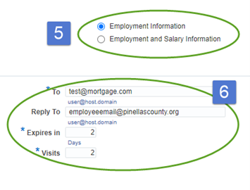 Step 5, select Employment Information or Employment and Salary Information. Step 6, screenshot with fields for to, reply to, expires in and visits